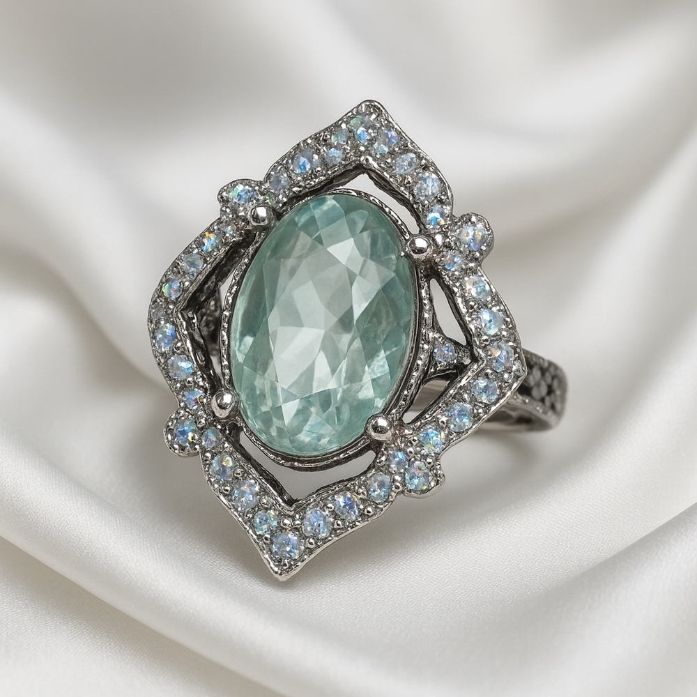 Elegant Silver Adjustable Ring - Green Oval Gem & Sparkling Crystal Halo Jewelry
